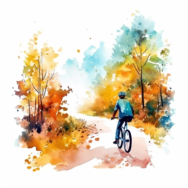 watercolor colorful clipart of a scenic bike ride, hd, on white background