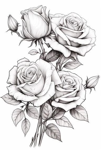 line drawing clipart of roses in black and white