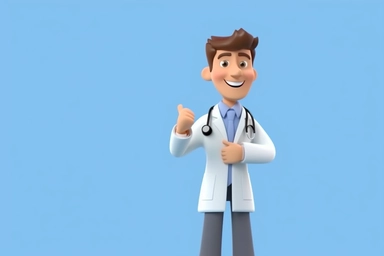 3d render. Cartoon character young caucasian man doctor, wears uniform, shows like gesture thumb up. Medical clip art isolated on blue background. Health care recommendation