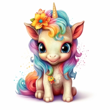 Cute Beautiful Happy Face Rainbow Baby Unicorn is sitting full body Sublimation Clipart ,Cartoon,hyper realistic, intricate detail, illustration style,high solution,on the white background