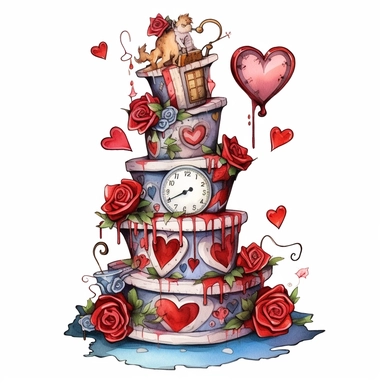 An alice in wonderland tier cake, with layers lopsided in different colors, watercolor steampunk style, with clocks, red hearts and red roses, white background, clipart