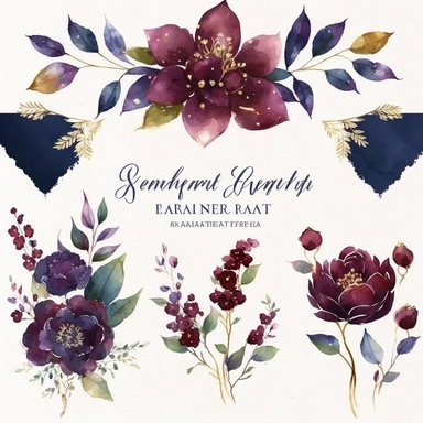 Burgundy Navy Watercolor Elegant Floral Clipart banner, Watercolor Flowers in the style of clipart banner. Burgundy Navy flowers clipart. white background