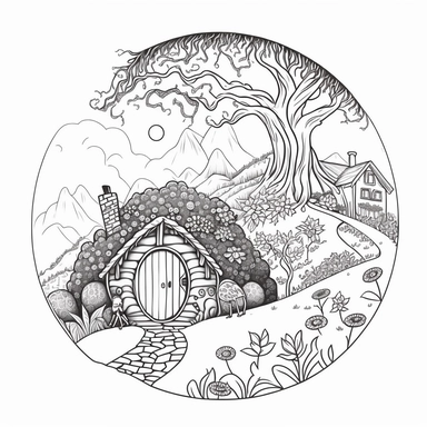 Coloring book page for kids, a hobbit house in a hill, clipart, cartoon kids style hand drawn line art, black and white