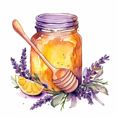 watercolor glass jar of honey with lavender and lemon around it clipart on white background