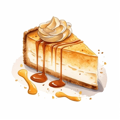 This highly detailed watercolor clipart portrays a delectable pumpkin cheesecake on a pristine white background. The artwork captures the essence of this seasonal dessert with remarkable precision and vibrant colors. The cheesecake is depicted with intricate brushstrokes, showcasing its creamy texture and rich pumpkin flavor. The crust, resembling a blend of graham crackers and spices, is rendered with delicate details. The pumpkin filling, a warm shade of orange, is depicted with depth and dime