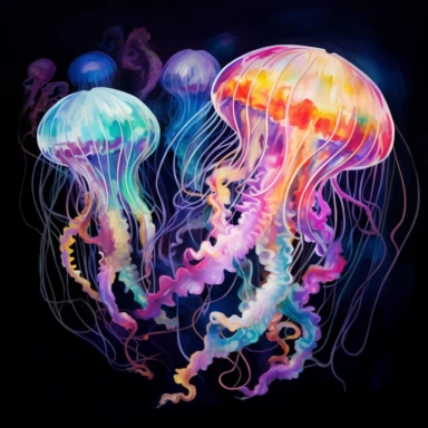 In the midst of the creative voyage, the watercolor jellyfish swam with grace, its translucent body adorned with vibrant hues, as each delicate brushstroke breathed life into its ethereal existence, capturing the essence of the deep sea's mystical allure and inspiring the artist's journey into a world of boundless imagination. rainbow color clipart on white background