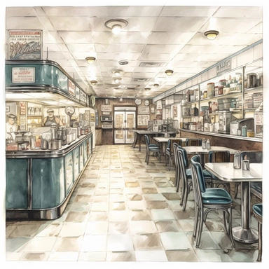 Clipart of a very detailed beautyful inside of a vintage diner, surrounded by white background, wide shot, very detailed, watercolor illustration, white background, cinematic, high quality, 32 k,