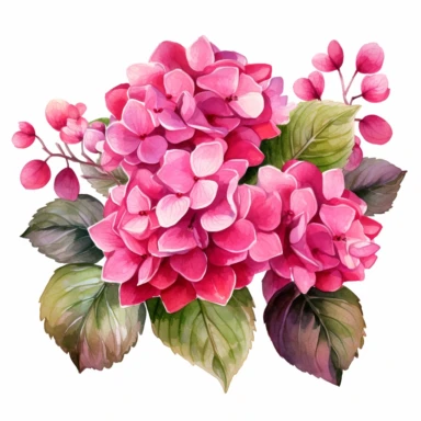 fushia colored hydrangea flowers arrangement with watercolor effect,suitable for digital clipart,white background,green leaves