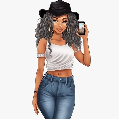 A beautiful African American woman, Denim girl clipart, Denim clipart, Fashion girl clipart, wearing denim shorts, brown leather sandals, Jeans Girl Clipart, African American clipart, Afro girls clipart, Clipart, ultra realistic, hand drawn,wearing the white crop tops, all with beautiful bright smiles, Full body. Clothing line, retail fashion, 2023, fashionnova, African american, mid sized models. Highly detailed. very attractive, glamorous, make up beautiful, gorgeous, glowing make - up. full b