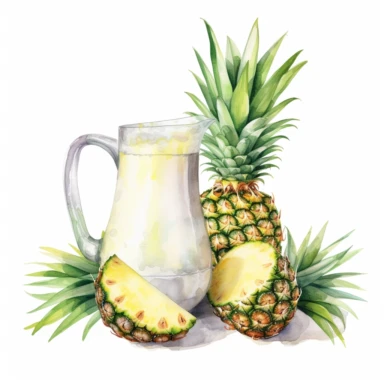 realistic high detailed watercolor pineapples and a jug of milk clipart, white background,