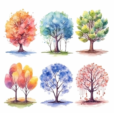 watercolor embroidery , illustrations clipart set, simple , cartoon elements, different variants , trees in seasons , separate elements with a margin