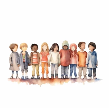 watercolor style, children standing together, from multiple cultures: european, african american, asian american, latino, indian, japanese, mexican, clipart, isolated on white background, 4K