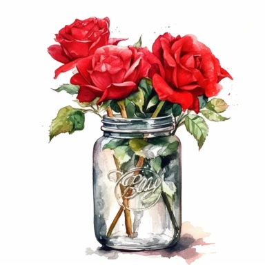 red roses, in mason jar, detailed, clip art, aquarelle, no text, white background