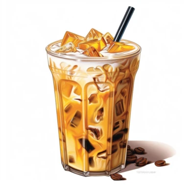 incredible detailed Eric Christensen stile hand drawn art iced coffee clipart, clear picture in high resolution, highlights , white background, appetizing decor, clear and contrast image, reflections, very detailed drawing, realistic painting, menu illustration, realism, high quality, lighting like in a photo studio, advertising, hd