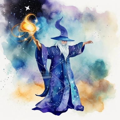 merlin the magician casting a spell with his right hand holding a wand with a small star on its end, surrounded in a cloudy fantasy motif of energy watercolor clipart