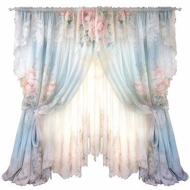 Pastel watercolor Victorian Lace-Trimmed Curtains Flowing curtains made of sheer, delicate lace featuring intricate floral and lace patterns allowing soft diffused light to filter through clipart isolated on white background, Powder blue and pale pink with delicate touches of ivory pastel color palette, in brush style of Willem Haenraets, clean edges around image, in the style of pastel watercolor illustrations, feminine sensibilities, detailed illustrations, heavy shading, delicate painterly to