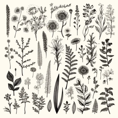 an extensive digital design kit with a bunch of illustrations and hand drawn flowers, in the style of rustic simplicity, minimalist nature studies, intricate pen drawings, distinctive noses, highly detailed foliage, elegant use of negative space, elaborate borders, white background, vector, vector art, vector illustration, isolated clip art