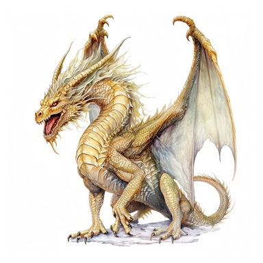 watercolour, extremely detailed, golden, adult dragon clipart, full body portrait, white background