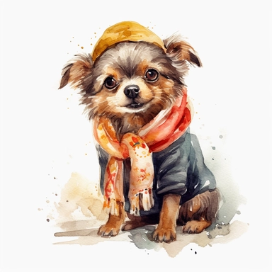 a moving dog dressed up, dressed up, happy smiling face, cute animal, adorable, playful atitude, adorable watercolor animal clipart, no background, high quality and very sharp image with clear focus