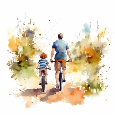 Father and child going on a bike ride or exploring nature together, water color style, clipart, white background