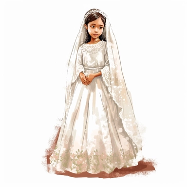 young filipino girl in first communion gown. cartoon art. vector. high contrast. clip art. fully length body portrait. white background. watercolor