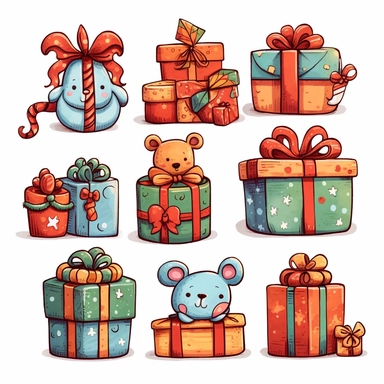 Christmas presents clipart set, whimsical and cute hand drawn illustration, playful expression, rounded shapes, isolated image white background