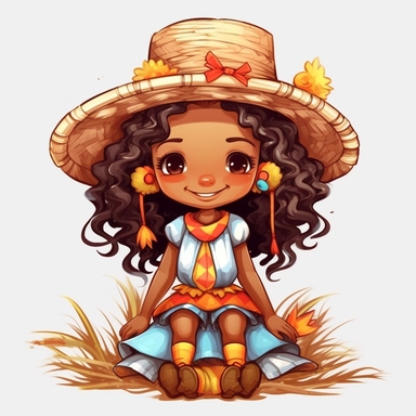 little afro cute girl , braids in her hair with bows at the ends, smiling, beautiful festa junina dress plaid, hugh eyes, straw hat on her head, boots, clipart style, embarressed with black outline,