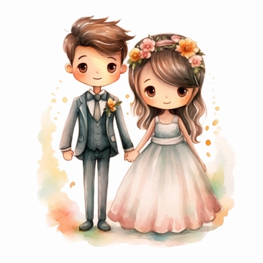 full body Little bride and groom, fantasy Watercolor Clipart, strybk, full Illustration, 4k, sharp focus, watercolor, smooth soft skin, symmetrical, soft lighting, detailed face, concept art, muted colors, watercolor style, strybk, children's style fairy tales, chibi kawaii, . Octane rendering, 3d. Perfect face, detailed face, delicate face, perfect sharp lips, detailed eyes. Craig Davison, Aubrey Beardsley, Conrad Roset, Aikut Aidogdu, Agnes Cecil, watercolor style
