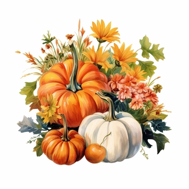 hyperrealism painting, variety flowers , pumpkin floral bouquet , white background, watercolor style, farmhouse chic, tempera clipart