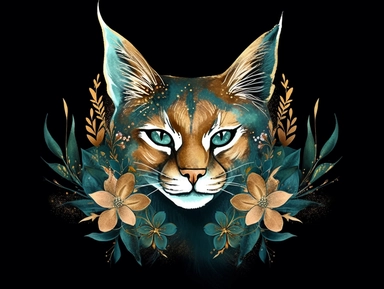 deep emerald gold watercolor Bobcat with flowers plants clipart, golden metallic lines and some glitter, shining colors, dark background, 8k, high resolution