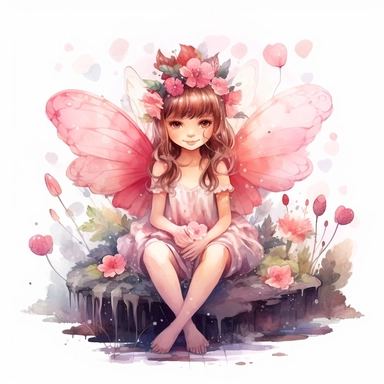 cute adorable forest fairy, pink forest fairy, fairy with wings, fairy loves hearts, fairy is happy smiling, fairy is sitting in a flower garden,watercolour illustration, soft light, fairy forest, clipart