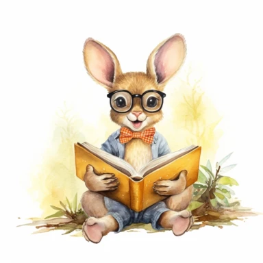 artwork in the style of cicely mary barker, clipart, whimsical watercolor illustration of a cute and happy baby kangaroo with glasses sitting uner a tree in the forest reading a book, watercolor clipart, book cover illustarion, hyper HD