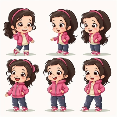 clipart little girl, 4 years old, cute, 4 different poses with same outfit on each, front and side view, wearing pink plain closed jacket, pink plain trousers no pattern, pink shoes, black hair, smiling
