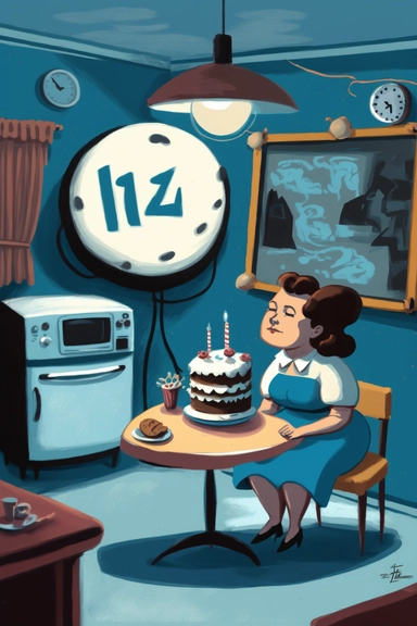 Stunning art of room landscape, happy birthday cake, chubby girl to moon written on wall, minimalism, bright colors, old antique tv , walls , clock, table , chairs , clip art, blue brown black and white color