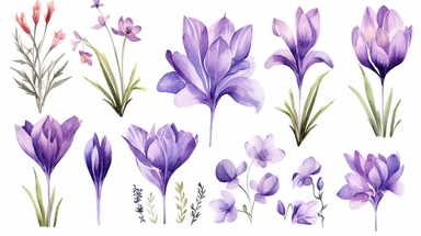 Watercolor violet flowers clipart. Purple floral element set. Anemone, tulip, iris, crocuses, lavender, hyacinth. Botanical illustration for cards, wedding invitation, and other decoration.