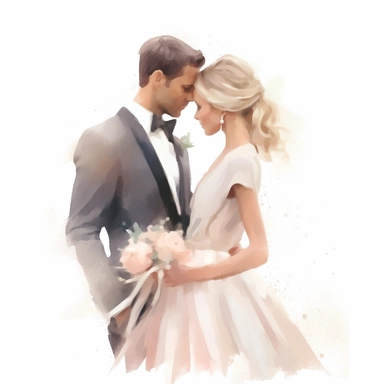 Wedding bride and groom, clipart, white background, in the style of elegant realism, muted and subtle tones, detailed painting, transparency and lightness