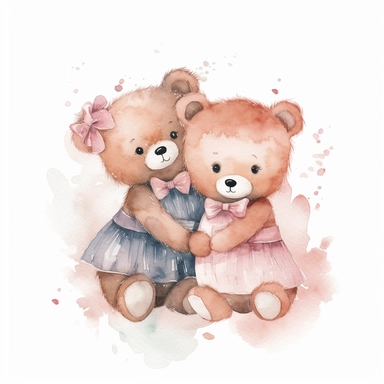 hand drawn cute girly teddy bears giving each other a hug, coquette style, glamorous, watercolor, white background with margins, clipart style