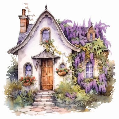 watercolor mixed media masterpiece beautiful white cozy small house with violet door, richly decorated with lupine, pots with flowers, overgrown with moss, the garden at the back of the house, provence, golden accents, shabby shic style, by Rodney Matthews style and by Daniel Ridgway Knight style and by Nicholas Hely Hutchinson style, Baroque style, PNG clipart, isolated on white, extreme photorealistic details, 32k HD resolution, realistic high detailization high resolution