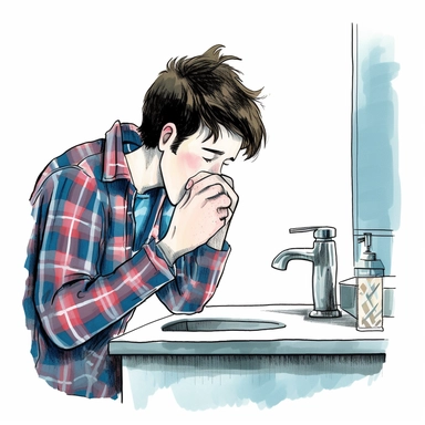 color drawing of a male teenager in the bathroom, washing his cheeks in the morning using both hands. He is wearing blue plaid pajamas with a white t-shirt underneath. His hair is short and mussed up. The style is simplistic and used for clipart and thumbnail. Plain white background.