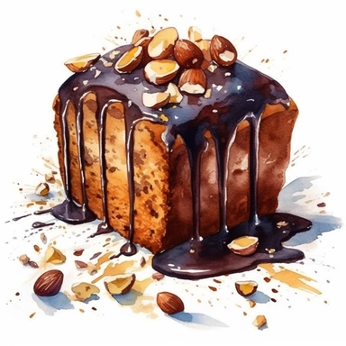 watercolor png clipart, chocolate pound cake with chocolate dripping and almonds, hd, on white background