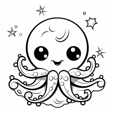 a very simple black and white coloring page for toddlers 2 to 4 years old of Octopus flat art clean vector art clipart