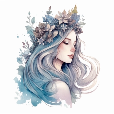 beautiful princess with long flowing hair and a crown of flowers, water color, illustration, white background, dusty blue, pastels, outlined, clipart