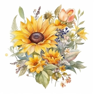 Clipart of wildflowers and sunflowers in a bouquet. Beautiful watercolor watercolor illustration. Soft light. High quality. White background.