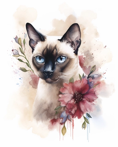 Watercolor Painting of Siamese cat head on white background good anatomy, DETAILED ILLUSTRATION, Flora Design Patterns, Flemish Baroque by Rachel Ruysch, Behance, Rococo, Intricate Detailed, Soft Light Effect, Oil Paint Strokes, Light Academia Aesthetic Flowers, Lighting cinematic, all shown shimmering stamens, tyndall light, texture, colorful, 8k, fantasy, ray tracing, vivid, spectacular lighting, octane rendering, highly detailed, ultra - realistic, white background, clipart