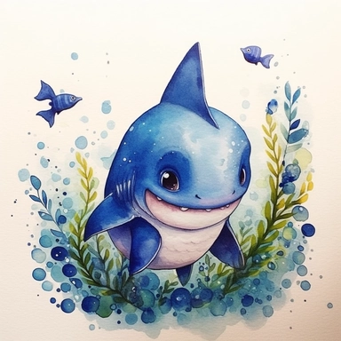 cutest little nursery shark with big eyes, full body, pen and ink with watercolor, seaweed, jelly fish, little fish, pearlescent horn, sparkles, glittery, clipart sheet, nurseycore