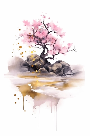 beautiful gorgeous alcohol ink of gold serene nature scene with a central focus on a pink icebird, gentle wave , minimalist style, crystals, glam, glossy, glitter texture, liquid ink clipart, modern and stylish design, bright colors, 300 dpi, clear decoration, clear white background, highly detailed digital art, 8k