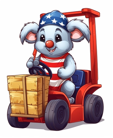 Showcasing a cartoon koala as a forklift operator, with the design featuring patriotic elements and colors reminiscent of the United States flag. The overall design can appear polished and poignant, with the koala proudly operating the forklift, that can be used as a sticker, colorful, highly detailed, with a white background, in the style of Pixar clipart, and no cut off edges.