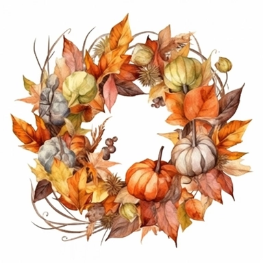 Autumn wreath, dry autumn leaves, small pumpkins, watercolor, clipart, white background
