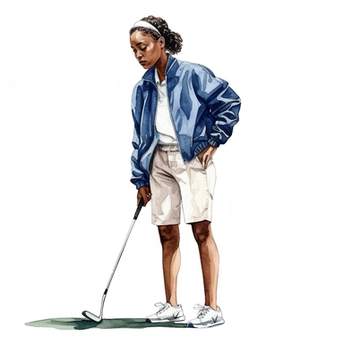 Idyllic watercolor clipart of a young modern African american female golfer in close fitting blue and white sports golf clothes standing with his putting club on the putting green, isolated on a pure white background, insane detail,