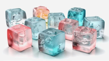 3d render, ice cubes collection, clip art isolated on white background. Frozen water assorted shapes, Bright color, realistic